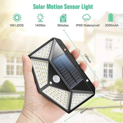 Outdoor Solar Wall Light, 100LED/3 Modes 270° Lighting Angle Motion Sensor Security Lights, IP65 Waterproof Solar Wireless Security Powered Wall Lights for Patio, Deck, Yard, Garden