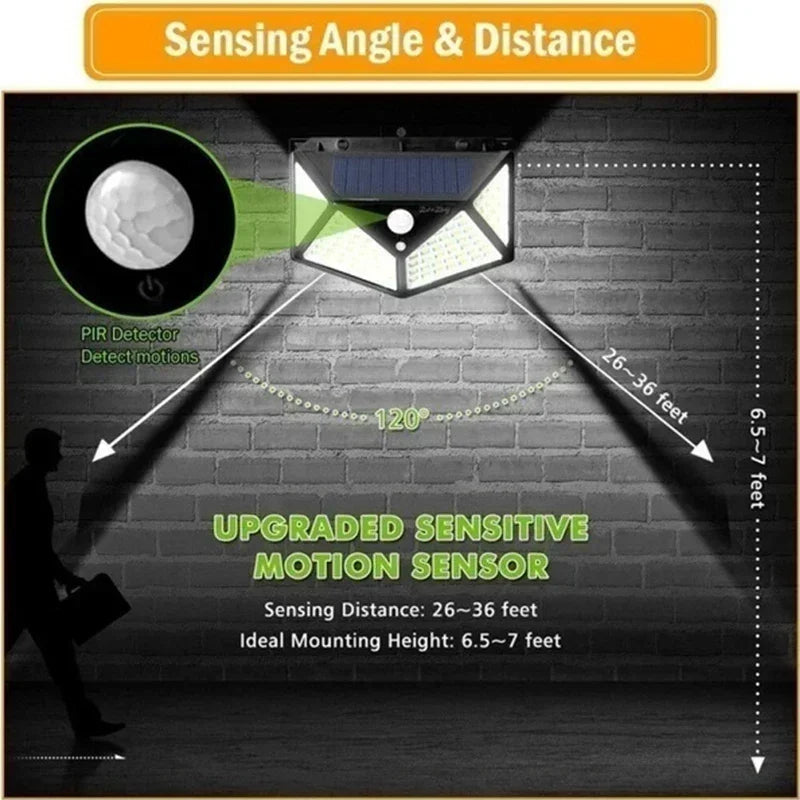 Outdoor Solar Wall Light, 100LED/3 Modes 270° Lighting Angle Motion Sensor Security Lights, IP65 Waterproof Solar Wireless Security Powered Wall Lights for Patio, Deck, Yard, Garden